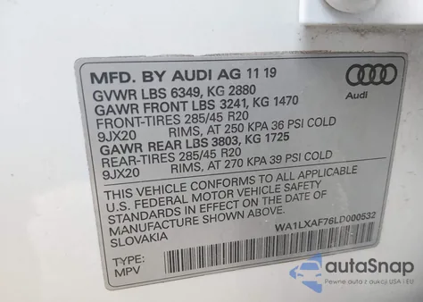 2020 Audi Q7 Premium Plus 55 Tfsi Quattro Tiptronic z USA, uszkodzony, nr VIN WA1LXAF76LD000532